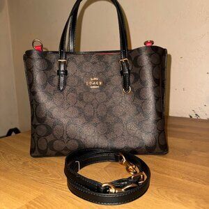 Coach Mollie Tote Bag 25 - Signature Canvas in Brown/Black w/ Red interior